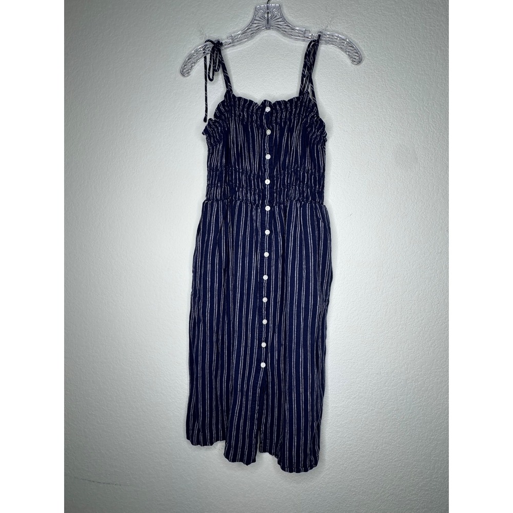 Universal Thread Navy Striped Linen Blend Smocked Button Front Midi Dress M